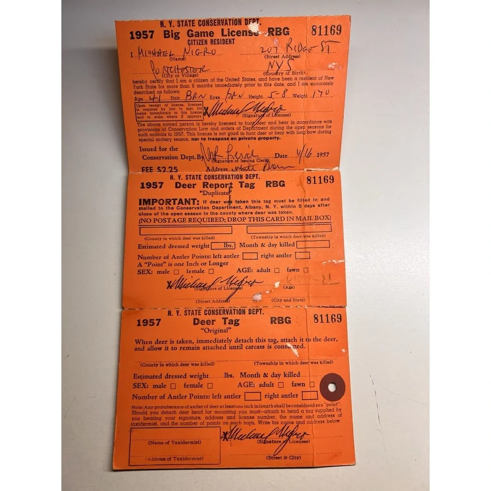 Vintage NYS Big Game Hunting Tags Lot 1956–1962 Deer Bear License Paper Ephemera